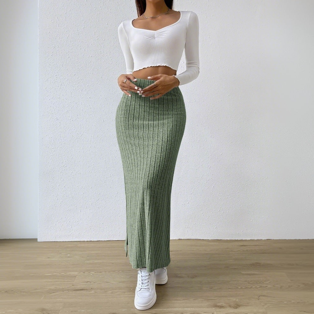 Damen gerippter Midirock mit hohem Bund und figurumspielender A-Linie Drune