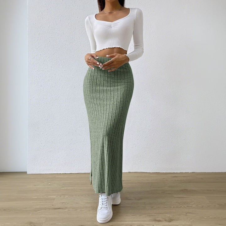 Damen gerippter Midirock mit hohem Bund und figurumspielender A-Linie Drune