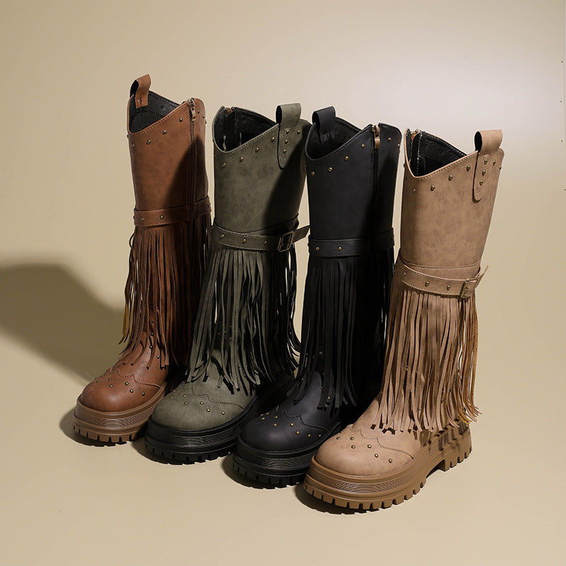 Damen Overknee-Stiefel mit modischem Fransen-Design und robustem Profil Drune