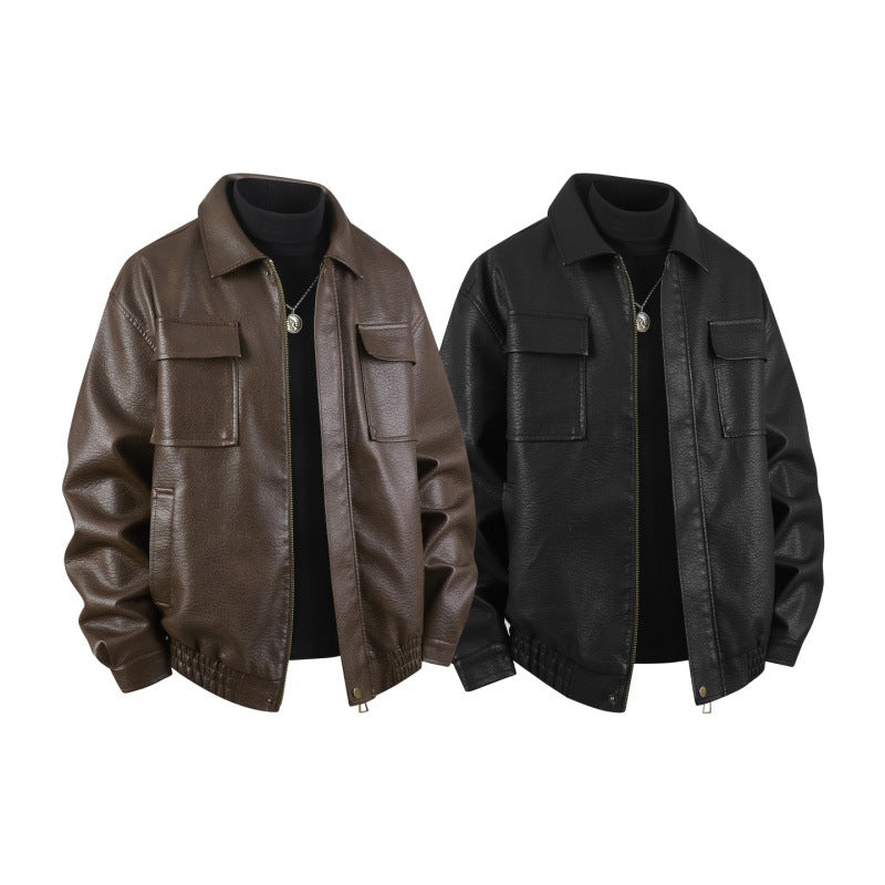 Herren Overshirt-Bomberjacke aus Kunstleder mit Klappbrusttaschen & elastischem Saum Drune