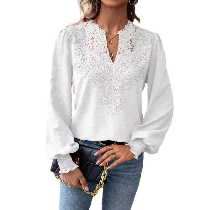 Damen Bluse mit Spitzen‑Plastron, V‑Ausschnitt und ballonartigen Ärmeln Drune