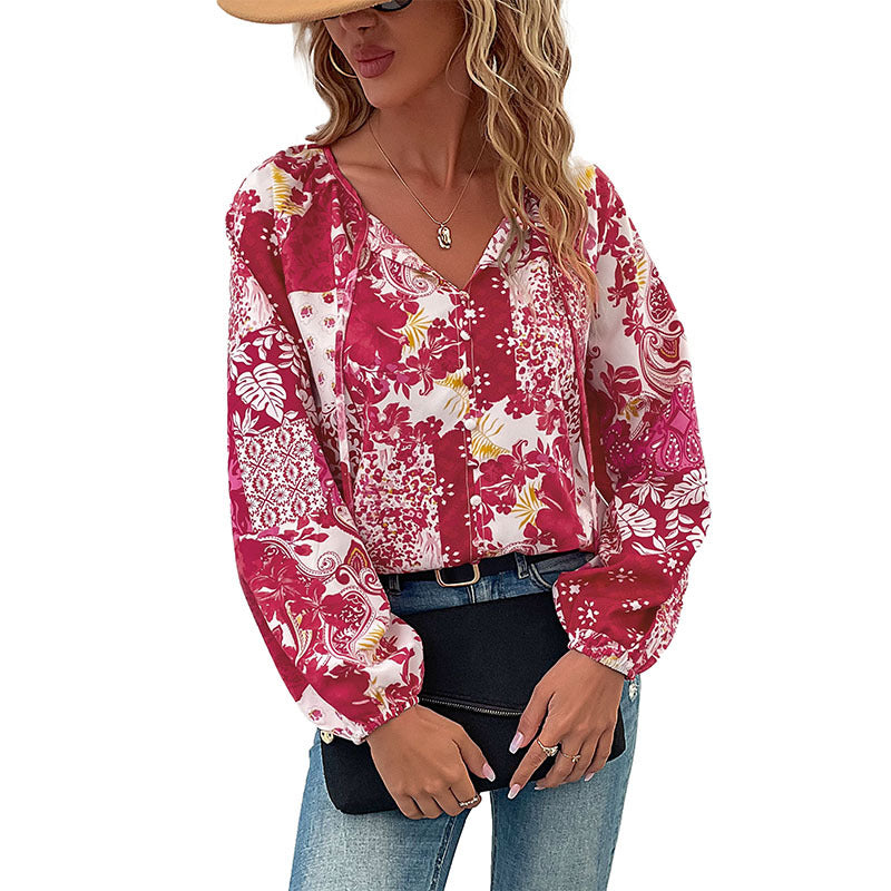 Damen Patchwork-Bluse mit V-Ausschnitt, BindDruneändern und Ballonärmeln Drune