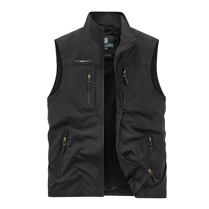 Herren nan multifunktionale Outdoorweste mit Mesh-Innenfutter, mehreren Reißverschlusstaschen und hohem Stehkragen Drune