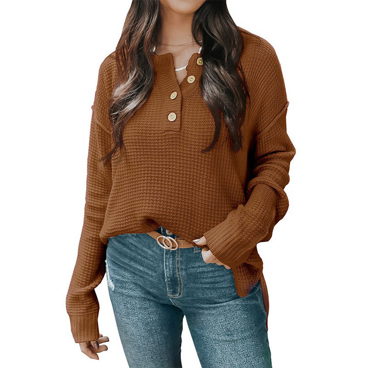 Damen nan lockerer Waffelstruktur Henley Pullover mit Knopfleiste und überschnittener Schulter Drune