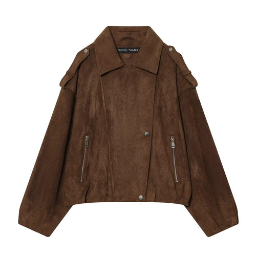 Damen Kurze Veloursleder-Bikerjacke mit Schulterklappen, Reißverschlusstaschen und kastiger Silhouette Drune