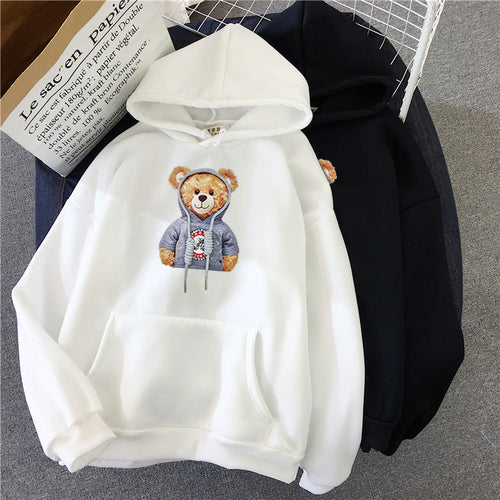 Unisex nan lässiger Oversize Kapuzenpullover mit Teddy-Frontprint, Kängurutasche und weichem Fleece-Innenfutter Drune
