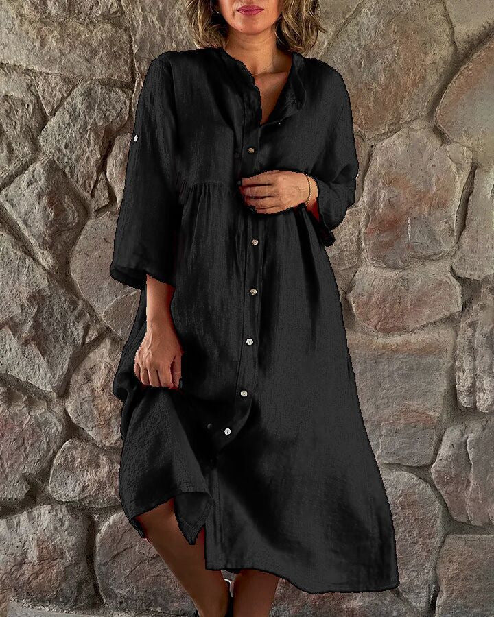 Damen Locker Midi Kleid aus Leinenmischung mit durchgehendem Knopfleiste und Seitentaschen Drune