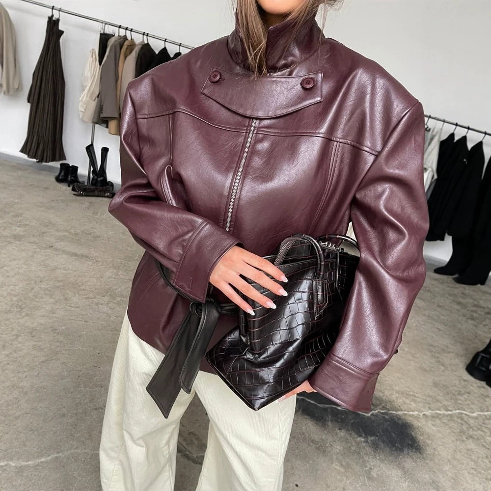 Damen Boxy-Kunstlederjacke mit hohem Stehkragen, Frontzip und Taillenschärpe Drune