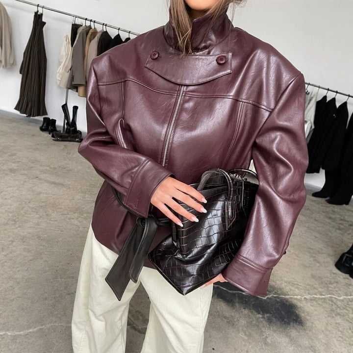Damen Boxy-Kunstlederjacke mit hohem Stehkragen, Frontzip und Taillenschärpe Drune