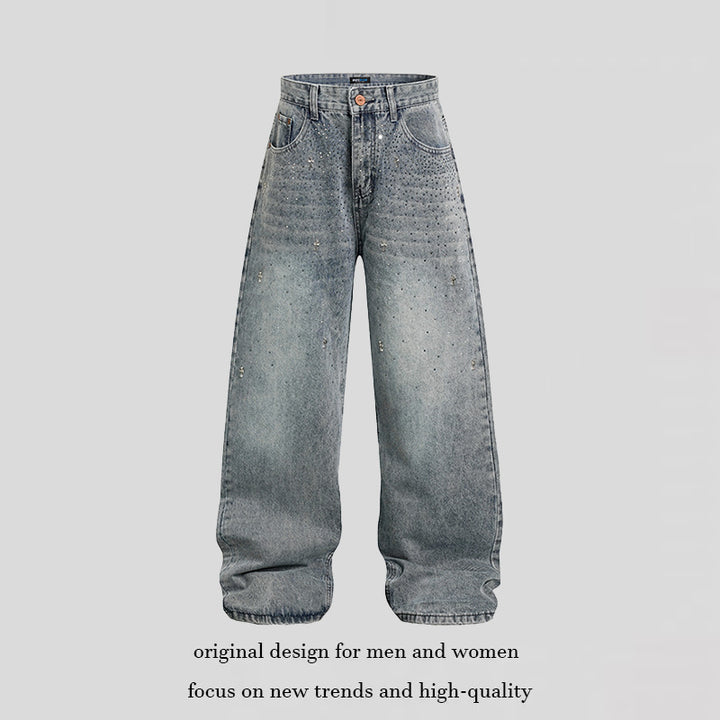 Damen Weite hochgeschnittene Baggy-Jeans mit Used-Wash und Steppdetail Drune