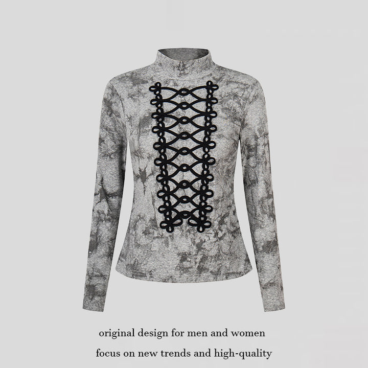 Damen Langarm-Shirt mit Stehkragen und dekorativer Kordel‑Applikation Drune