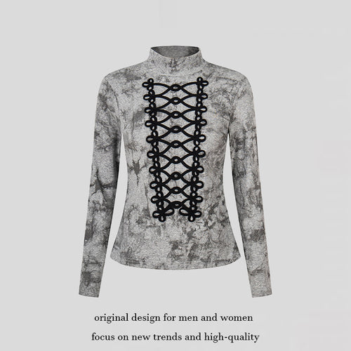 Damen Langarm-Shirt mit Stehkragen und dekorativer Kordel‑Applikation Drune