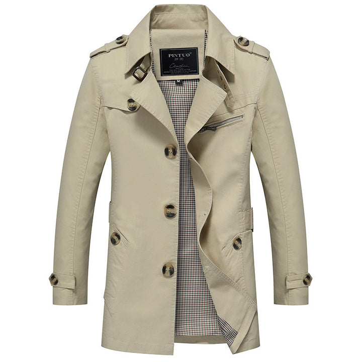 Herren Trenchcoat im Fieldstil mit Stehkragen, Schulterklappen und kariertem Innenfutter Drune