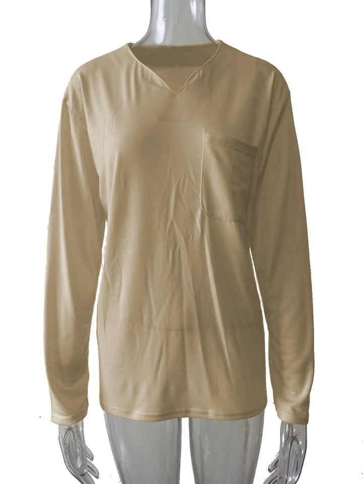 Damen nan legeres Langarmshirt mit V-Notch-Ausschnitt, Brusttasche und lockerer Oversize-Passform Drune