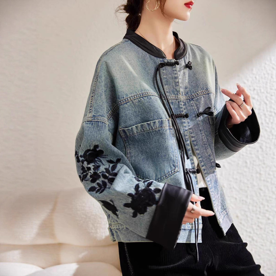 Damen modische Denimjacke mit floralen Stickereien und eleganten bündchen Drune