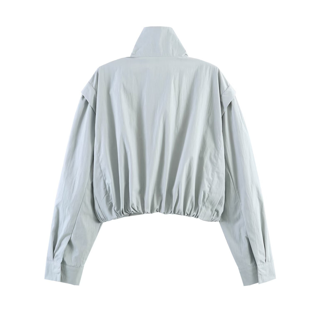 Damen Kurze Windjacke mit Stehkragen, oversized Ärmeln und verdeckter Front Drune