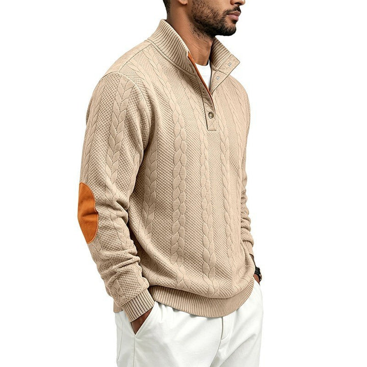 Herren Edler Zopfmuster-Strickpullover mit Kurzknopfleiste und Ellenbogenpatches Drune