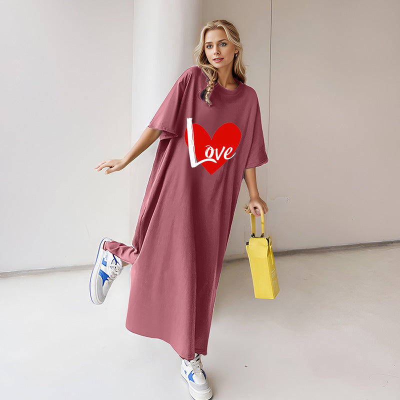 Damen nan locker geschnittenes Maxikleid mit großem Herzgrafikprint und Rundhalsausschnitt Drune