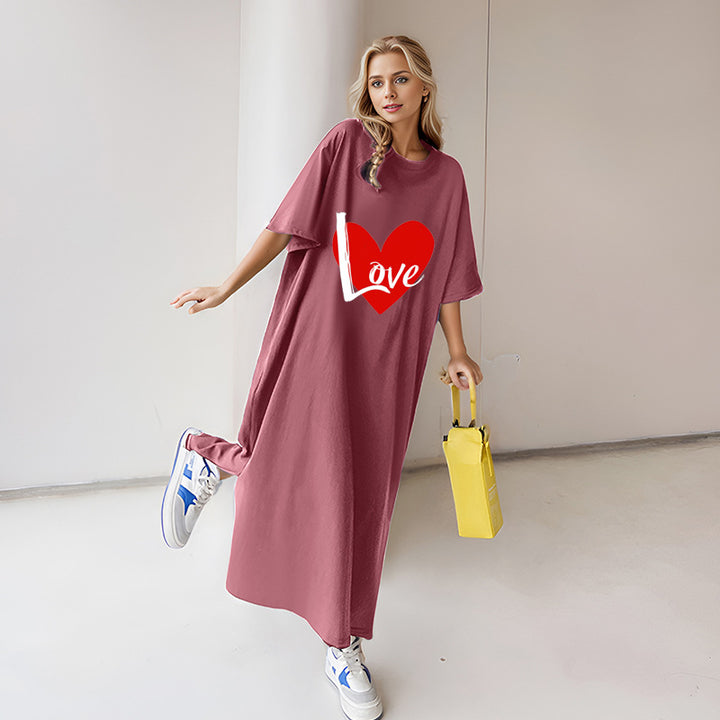 Damen nan locker geschnittenes Maxikleid mit großem Herzgrafikprint und Rundhalsausschnitt Drune