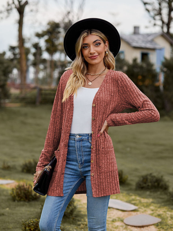 Damen Lang geschnittene Rippstrick‑Cardigan mit Knopfleiste und Eingrifftaschen Drune