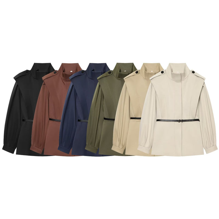 Damen Kurzer Cape‑Trenchcoat mit Stehkragen, Schulterpatten und Taillengürtel Drune