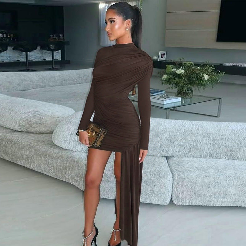 Damen elegantes Wickelkleid mit asymmetrischem Saum und langen Ärmeln Drune