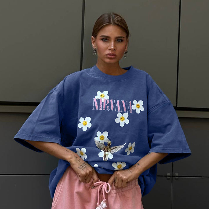 Damen Trendiges Oversized T-Shirt mit floralem Aufdruck Drune