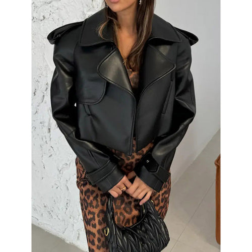 Damen Kurze Kunstlederjacke im Biker-Stil mit strukturierten Details Drune