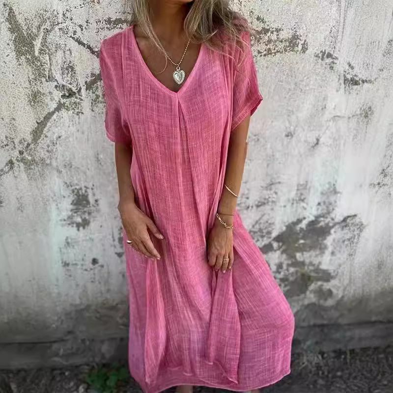 Damen lässiges Leinenkleid mit V-Ausschnitt und seitlichen Taschen Drune