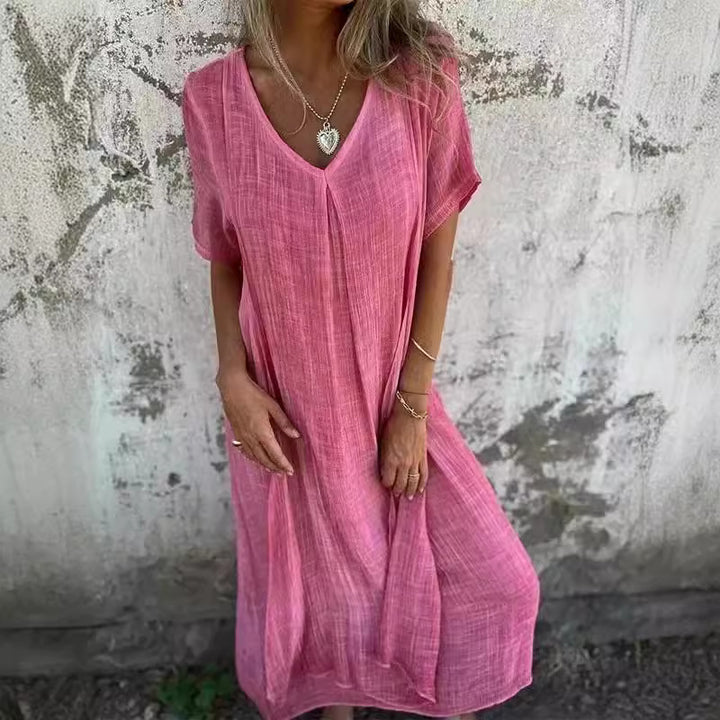 Damen lässiges Leinenkleid mit V-Ausschnitt und seitlichen Taschen Drune