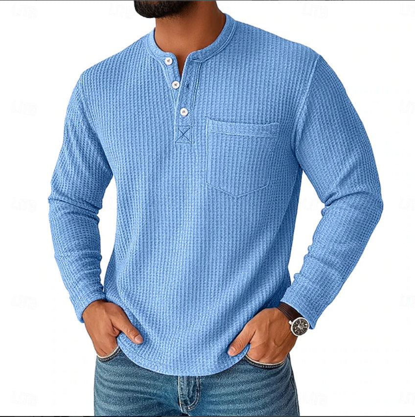 Herren Langarm Henley mit Waffelstruktur und Brusttasche thermisches Langarmshirt Drune