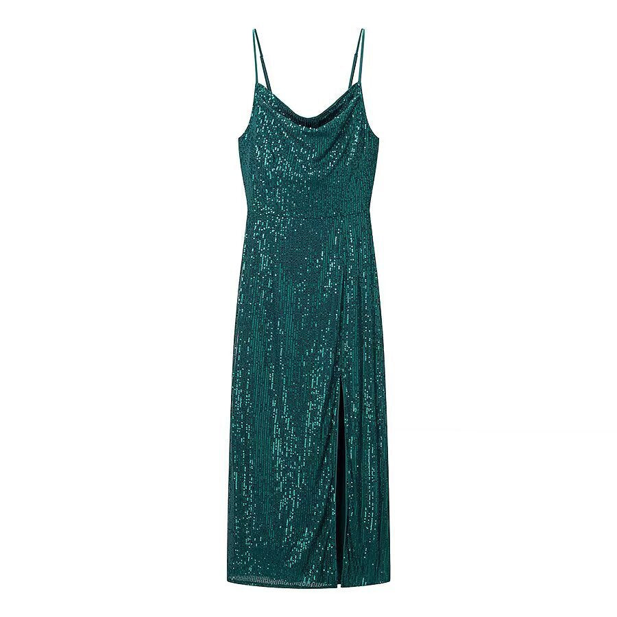 Damen Glamouröses Midikleid mit schimmerndem Stoff und bequemen Spaghettiträgern Drune