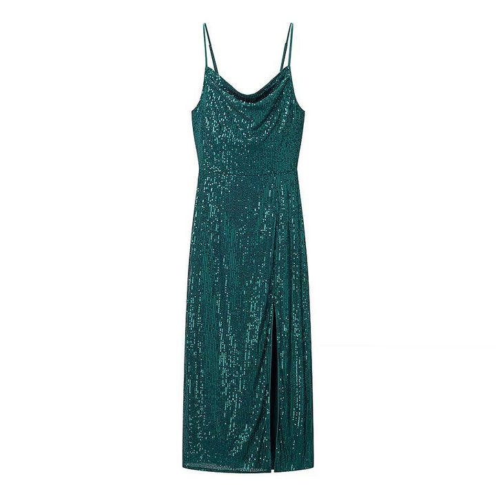 Damen Glamouröses Midikleid mit schimmerndem Stoff und bequemen Spaghettiträgern Drune