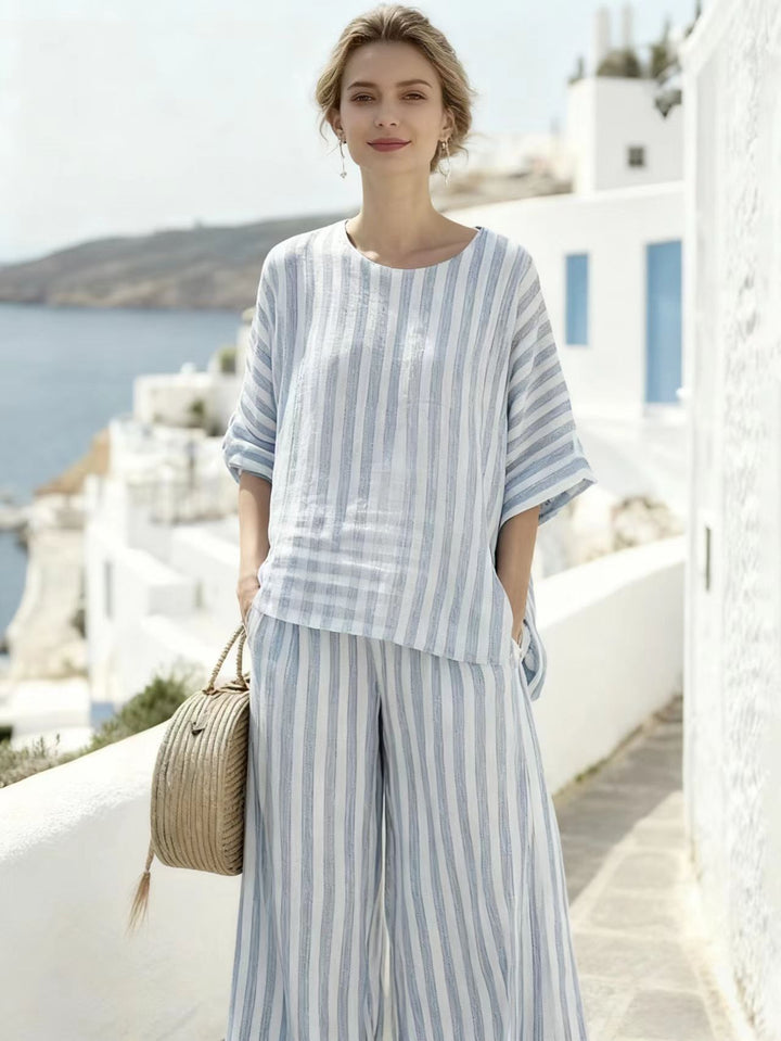 Damen Zweiteiliges gestreiftes Leinen‑Optik Lounge‑Set mit Oversize‑Bluse und High‑Waist Palazzo Drune
