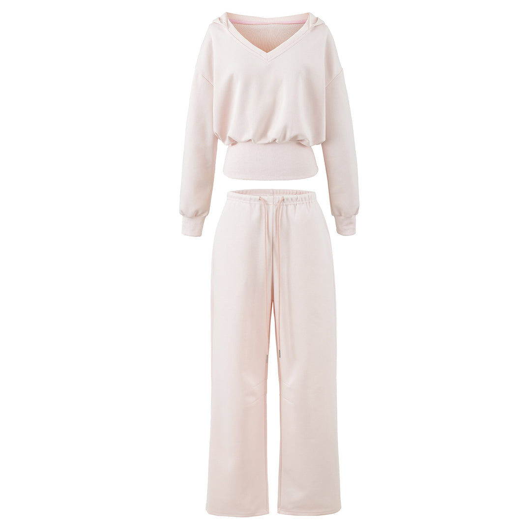Damen Komfort-Lounge-Set mit kurzem V-Kapuzenpullover und hochgeschnittenen Weitbein-Joggern Drune