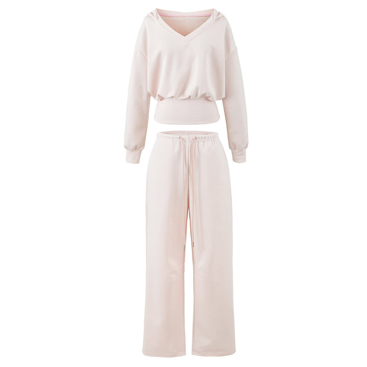 Damen Komfort-Lounge-Set mit kurzem V-Kapuzenpullover und hochgeschnittenen Weitbein-Joggern Drune