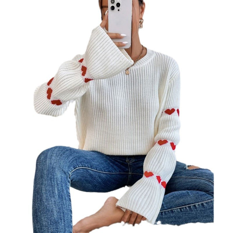Damen Strickpullover mit Herz-Applikationen und weitem Ärmel Drune