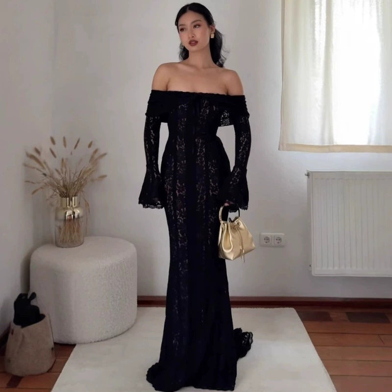Damen Elegantes Spitzenkleid im figurbetonten Schnitt mit Off-Shoulder Design Drune