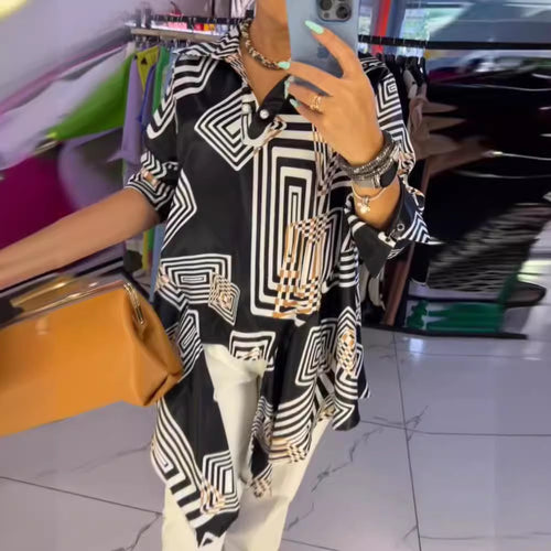 Damen nan weite Seidenoptik-Hemdbluse mit grafischem Quadratprint, asymmetrischem Zipfelsaum und Perlmuttknopfleiste Drune