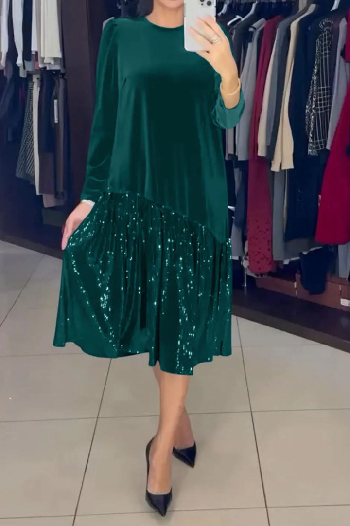 Damen nan Samt-Midikleid mit plissiertem Paillettenrock, lockerem A-Linien-Schnitt und Rundhalsausschnitt Drune