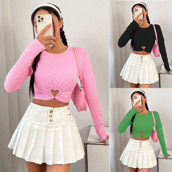 Damen gerafftes Crop-Top mit Herz-Cutout, langärmlig und feiner Rippstruktur Drune