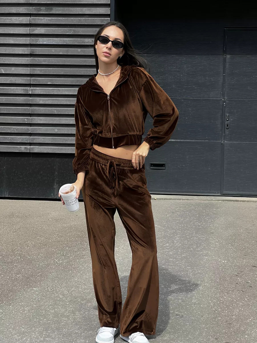 Damen weiches Velours-Lounge-Set mit kurzer Reißverschluss-Kapuzenjacke und weiter High-Waist-Hose Drune