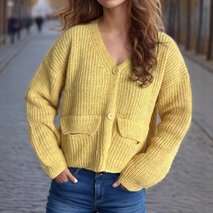 Damen gemütlicher Strickcardigan mit Taschen und breiten Ärmeln Drune