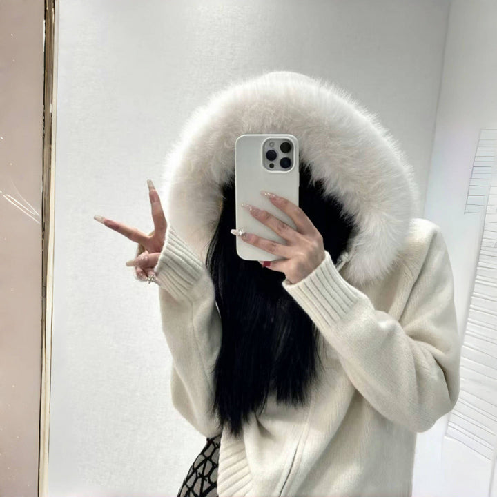 Damen Kapuzenpullover mit luxuriösem Pelzkragen und praktischen Taschen Drune
