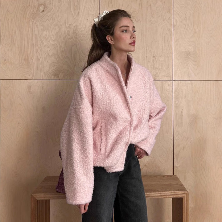 Damen Teddyjacke im Bouclé‑Look mit Rundhals, Oversized‑Passform und Eingrifftaschen Drune