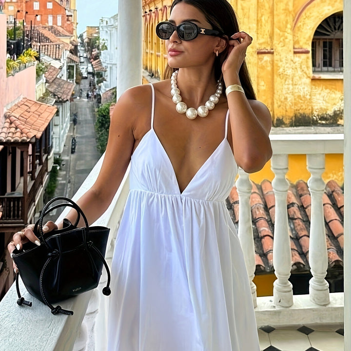 Damen Freizeit Maxikleid mit elegantem V-Ausschnitt und fließendem Stoff Drune