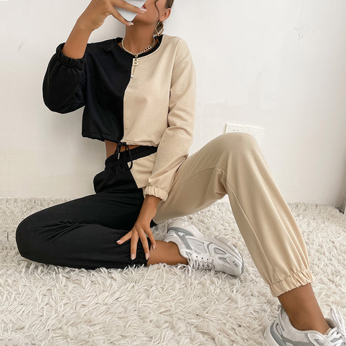 Damen Zweifarbiges Cropped-Jogging-Set mit Tunnelzug, elastischen Bündchen und Boxy-Schnitt Drune