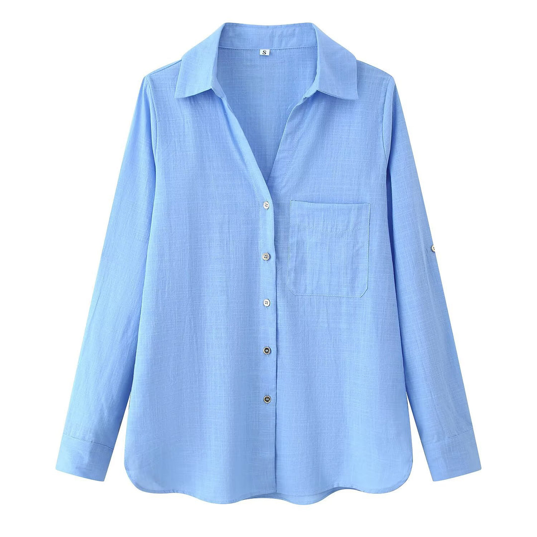 Damen Leichte Oversize-Leinenbluse mit Brusttasche und Hemdkragen Drune