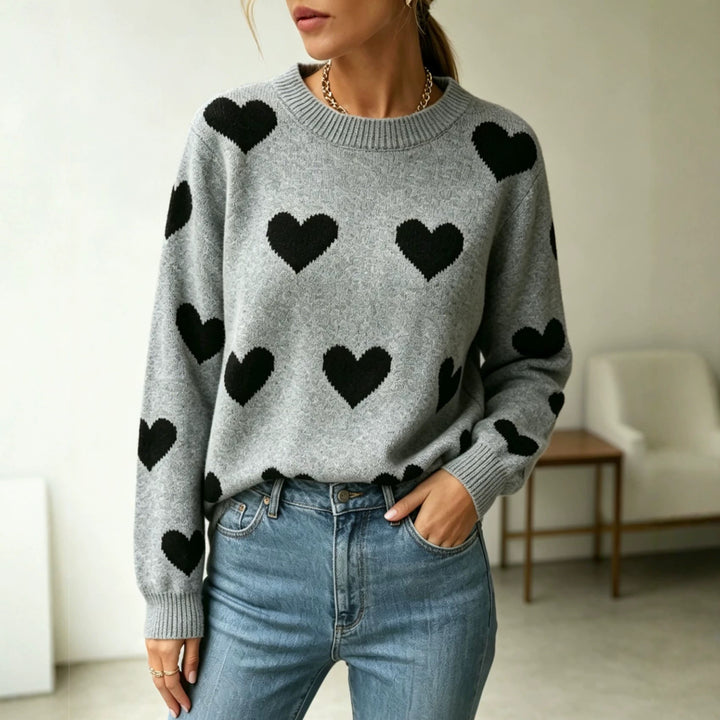 Damen Herz-Intarsien Rundhalspullover mit lässiger Oversize-Passform Drune