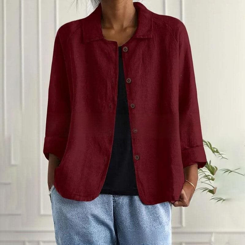 Damen Oversized Leinen-Hemdjacke mit Hemdkragen, 3/4-Ärmeln und durchgehender Knopfleiste Drune